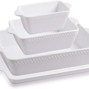 Ceramic Baking Dish Lasagna Pans with Trivet, Rectangular Bakeware for Cooking, Kitchen, Cake Dinner, Banquet, 15.3x 9.6 x 2.8 Inches of Casserole Dishes（White）