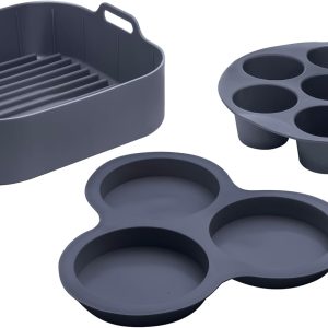 Air Fryer Accessories Set - 3 Piece Silicone, Liner, Egg Bite Cooker, 7-Hole Cupcake Mold, BPA-Free, Nonstick, Heat Resistant 445°F, Dishwasher Safe, Food Grade