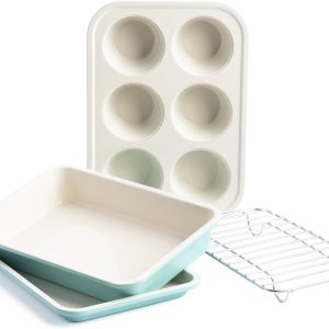 Bakeware Healthy Ceramic Nonstick, 4 Piece Toaster Oven Baking Set with Cookie Sheet Muffin and Cake Pan, PFAS-Free, Turquoise