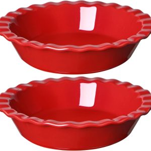 Ceramic Pie Pans for Baking, 9 Inches Pie Plate for Apple Pie, Pecan Pie, 52 Ounce Deep Pie Dish, Set of 2, Red