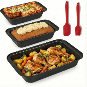 Baking Sheet Pan Set of 3, Nonstick Rectangle Bakeware, Oven Pan, Stackable Multi-Depth, Black, Rust & Warp Resistant, Easy Clean, Carbon Steel (3-Piece Set)