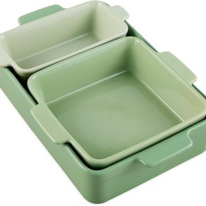 Bakeware Set, Baking Dish Set, 3-Piece Nonstick, Toxin-Free, Ceramic Serving Dishes, Casserole, Bread Loaf, Square Pan, Space-Saving Nesting Design - Sage Green
