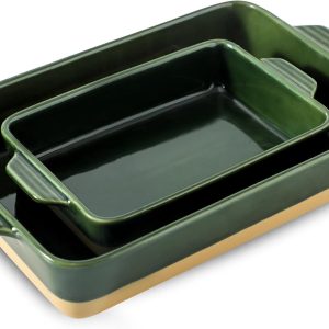 Ceramic Baking Casserole Dish with Handles, Large 9x13 inch Pan and Middle Baking Pan - Porcelain Serving Bakeware Set (Forest Green)