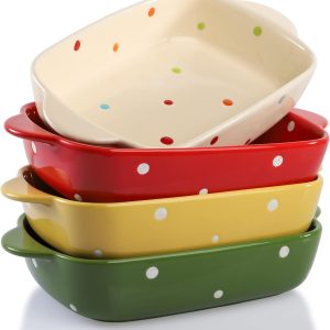 Set of 4 Ceramic Small Casserole Dishes, 7"x5" Porcelain Roasting Lasagna Pan, Individual Casserole Dishes Bakeware with Handle Rectangular Dish, Ceramic Baking Dish for Oven, 20 Oz, Polka Dot, Assorted Color