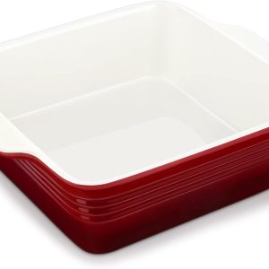 8x8 inch Baking Pan, 2 Quart Square Cake Pan Baking Dish for Oven, Stoneware Brownie Pan Non-Stick, Casserole Baking Pan with Handle,Ceramic Bread Pans for Baking, Red