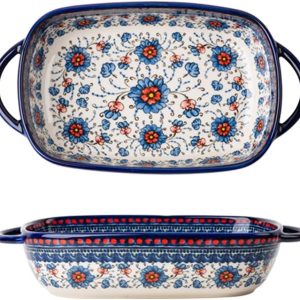 Blue and Orange Flower Vintage Style Ceramic Bakeware Casserole Dish Baking Pan Lasagna Pans with Handles for Oven/Cooking/Kitchen-1 PCS-22 OZ