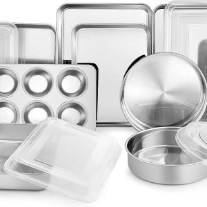 Stainless Steel Bakeware Set, 13-Piece Metal Baking Roasting Pans with Lid, Rectangular/Square/Round/Lasagna/Loaf/Muffin Cake Pans, Non-Toxic & Sturdy, Smooth & Dishwasher Safe