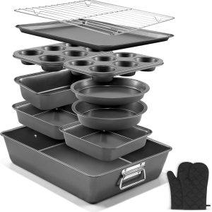 12PCS Nonstick Bakeware Set, Non-Toxic Carbon Steel Baking Pans Set with Wider Grip, Includes Roasting Pan, Cookie Sheet, Cake Pans, Muffin Pans, Cooling Rack, Oven Mitts, Easy Release