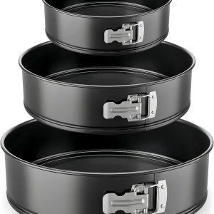 3-Piece Nonstick Springform Pan Set - Premium Carbon Steel Cheesecake Pans with Stainless Steel Clasp - 6", 8", 10" Sizes, Oven Safe up to 450°F - Includes 300pcs Parchment Paper (Black)