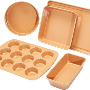 Ceramic Nonstick Baking Sheets and Pans Bakeware Set, Non-Toxic, 5-Piece Set- Copper Color