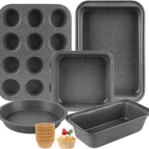 Baking Pans Set, 5 Piece Grey Marble Nonstick Bakeware with 100 Cupcake Liners – Stackable Carbon Steel Set for Small Kitchens, Apartments, Home Baking and Gifts