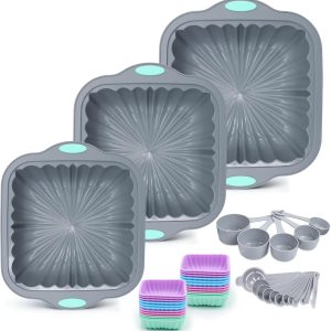 44 Pieces Silicone Square Cake Pans Set, 3 Sizes Silicone Fluted Cake Pan with Reusable Baking Cups, Food Grade Baking Molds for Brownie, Bread, Muffin, Light Grey