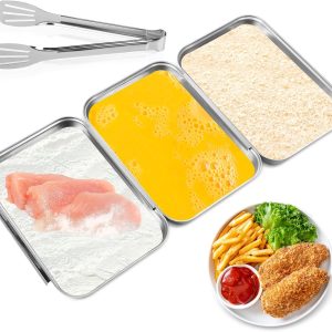 3 Set Stainless Steel Breading Trays Set with Clip Breading Pans with Tong for Marinating Meat, Chicken, Fish Coating Trays Can Be Applied to Baking Cake Oven Safe