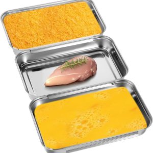 Set of 3 Breading Pans Large Breading Trays Stainless Steel Breading Set for Marinating Meat, Chicken, Fish, Food Prep Trays, Oven Safe