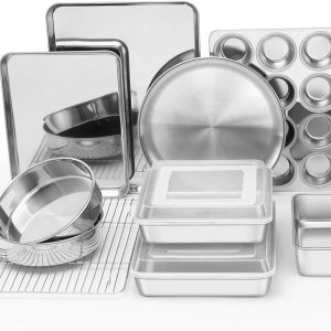 12-Piece Bakeware Sets, Stainless Steel Baking Pan Set Includes Cookie Sheet, Round Square Rectangle Cake Pans with Lids, Multi-Functional for Loaf Muffin Pizza, Non-toxic & Dishwasher Safe