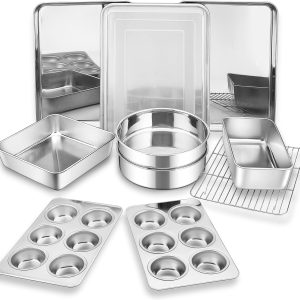 Bakeware Sets of 11,  Stainless Steel Baking Pans Set, Includes Baking Sheets and Rack, Lasagna Pan with Lid, Round/Square Cake Pan, Muffin Pans, Loaf Pan, Reusable & Durable