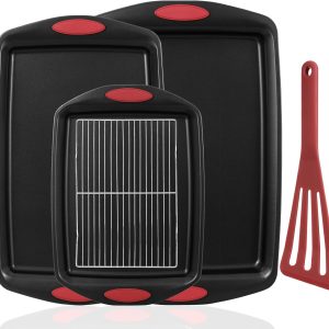 5-Piece Nonstick Baking Pans Set - Premium Carbon Steel Bakeware with PFOA/PFOS/PTFE-Free Coating, Red Silicone Handles (Black Red)