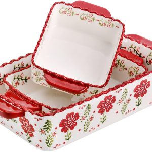 3 Pack Ceramic Baking Dishes, Rectanglar Bakeware Set Hand-painted Lasagna Pan Porcelain Serving Bakeware for Pasta, Chicken, Kitchen, Banquet, Microwave and Dishwasher Safe