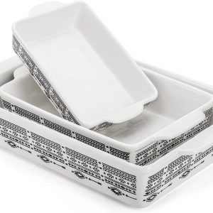 Set of 3 Ceramic Baking Dish with Handles, Porcelain Bakeware Set with Boho Pattern, Casserole Dish, Lasagna Pans, Rectangular Baking Dish for Kitchen, Cooking, Cake Dinner