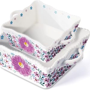 Ceramic Baking Tray Rectangular Blue Rose Oven Baking Tray Set With Handle, 2-Piece Set Hand-Painted Porcelain Baking Tray With Handle, Oven/Cooking/Microwave And Dishwasher Safe Baking Tray