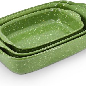 Ceramic Baking Dishes for Oven,Heavy Duty Bakeware Dish Set of 3, Rectangular Casserole,Lasagna Pan Deep,High Heat Resistant,Glazed Handcraft Speckle Series (13.8''/12''/9.6''Green)