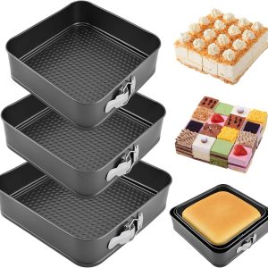 Springform Pan Set of 3 (9,10,11 Inch) - Square Shaped Leakproof Cheesecake Pans with Removable Bottom, Nonstick Carbon Steel Cake Tin for Valentine‘s Day, Anniversary Baking (Square)