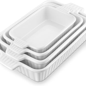 Casserole Dishes for Oven, Porcelain Baking Dishes, Ceramic Bakeware Sets of 4, Rectangular Lasagna Pans Deep with Handles for Baking Cake Kitchen, White (9.4"/11.1"/12.2"/14.7"), Series