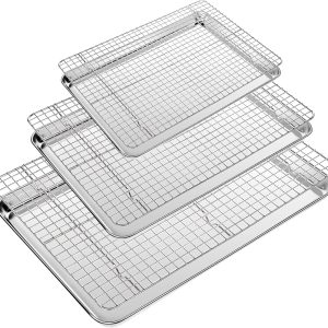 Baking Sheet with Wire Rack Set of 6 (3 Cookie Sheets for baking + 3 Cooking Racks), Stainless Steel Stainless Steel Baking Pans Set with Cooling Rack - Heavy Duty & Dishwasher Safe