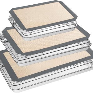 Baking Sheet Tray Cooling Rack with Silicone Mat Set, Stainless Steel Cookie Pan For Oven, Set of 9 (3 Sheets + 3 Racks Mats), Warp Resistant & Heavy Duty & Easy Clean, Grey