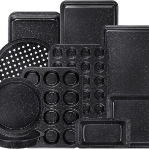 10-Piece Baking Pans Set, Bakeware Sets Nonstick, Baking Set for Oven Cooking, Stackable Carbon Steel Set Include Cookie Sheets, Muffin Pan, Cake Pan, Pizza Pan, Loaf Pan, Roasting Pan, Black