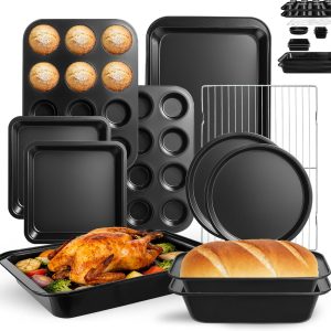 11-Piece Nonstick Baking Pans Set - Professional Grade Carbon Steel Bakeware with Premium Coating- Dishwasher Safe, Stackable, Oven Safe to 450°F (Black)