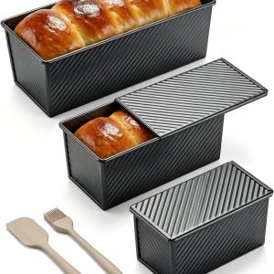 3-Piece Pullman Loaf Pan with Lid Set – Non-Stick Carbon Steel Bread Pan with Bottom Vents – Includes Large (12.4"), Medium (8.2") & Mini (6.3") Sizes plus Silicone Tools – Classic Black